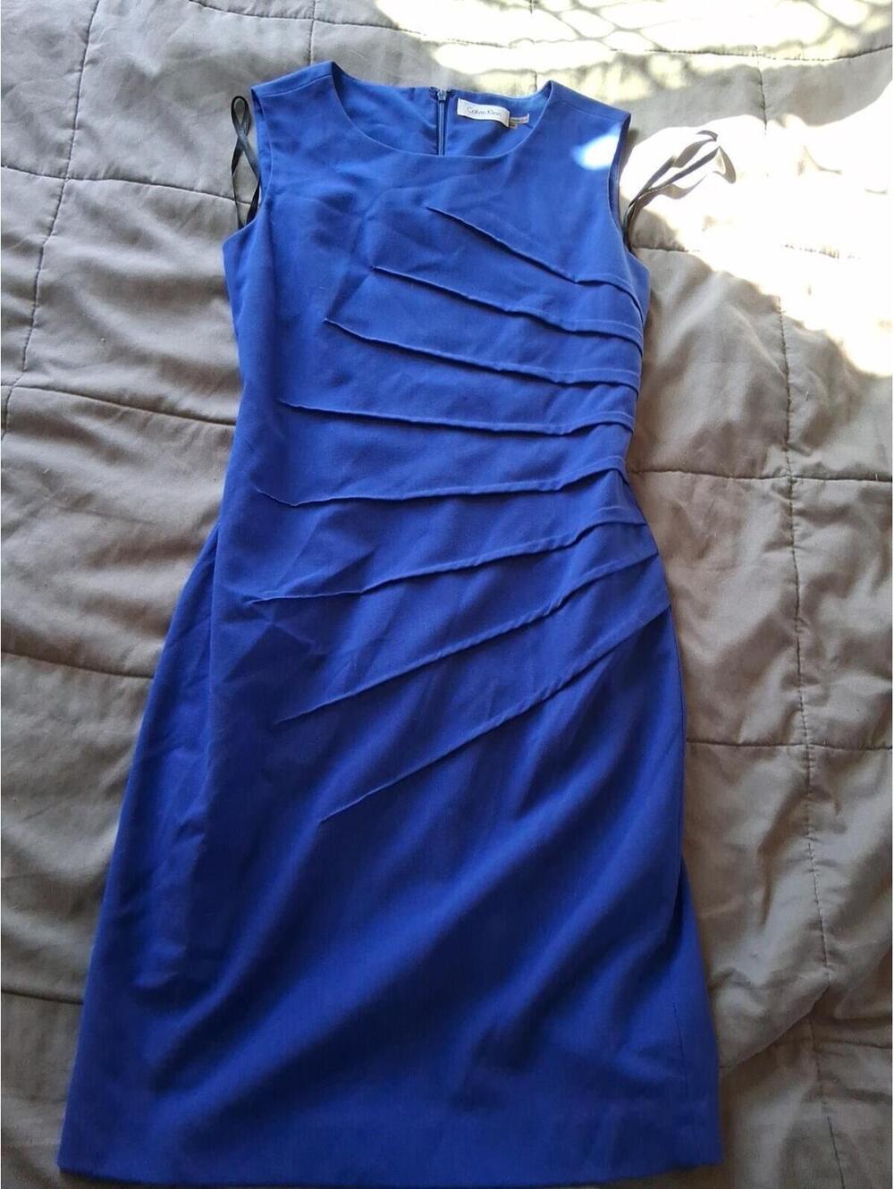 Calvin Klein Sapphire Royal Blue Side Fan Pleat Sleeveless Sheath Dress NWT 2P